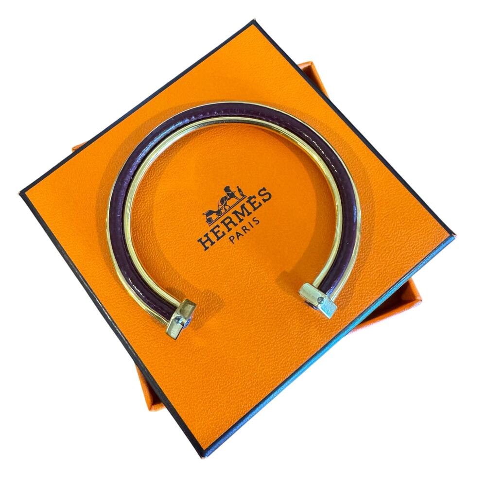 Hermès Burgundy Leather Bracelet Gold Adjustable Bangle - Picture 9 of 10